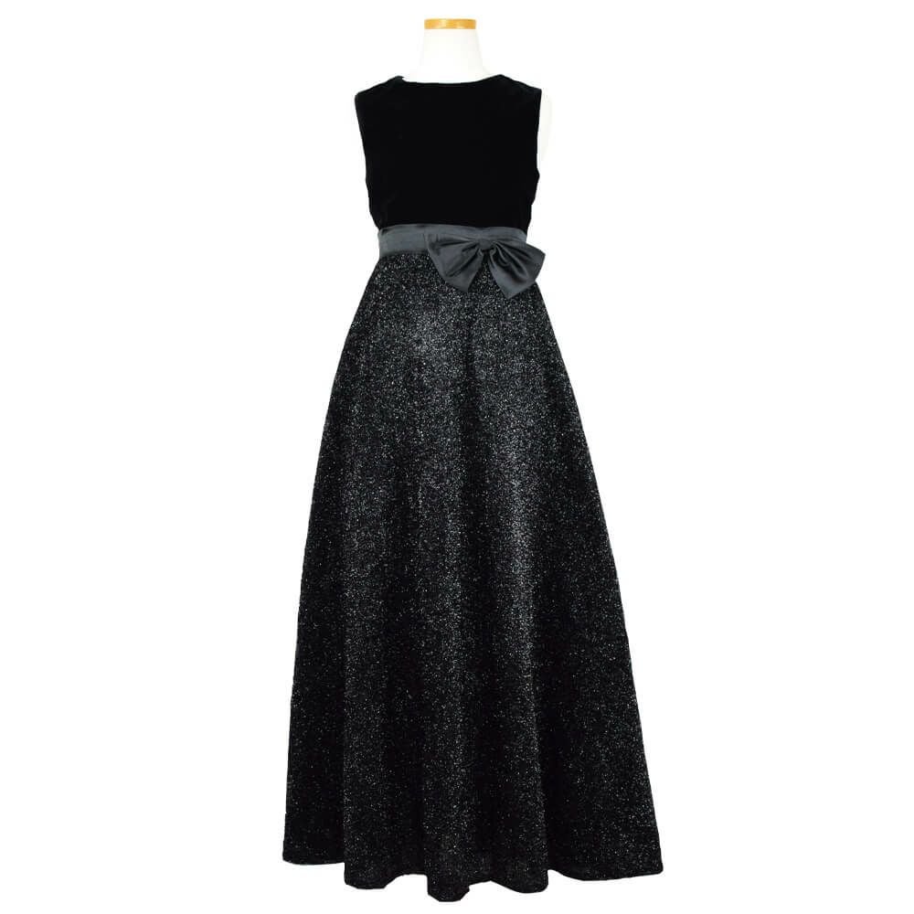 ピアノ発表会や結婚式にぴったりのブラックカラーの女の子用キッズドレス。シンプルで美しいシルエットが魅力のAngel's Closetの子供ドレス レンタル商品（【レンタル】ブラックベルベット＆煌めくＡラインロングドレス※コルセットバックリボン結び型(YP157B)ブラック）｜画像2