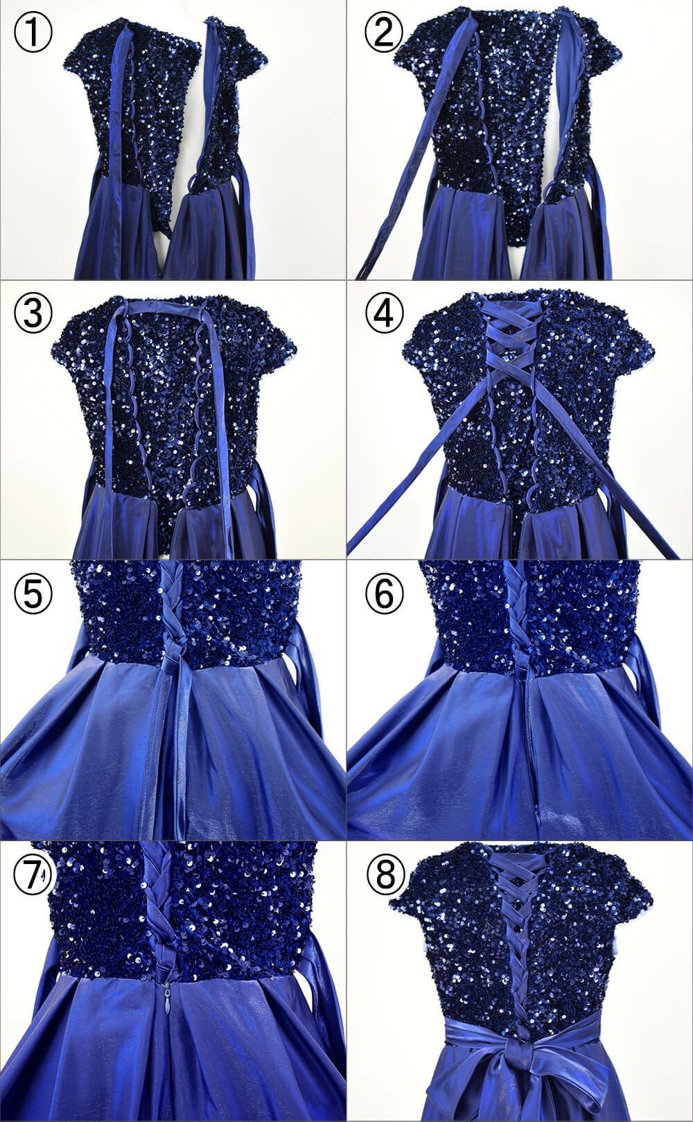 ピアノ発表会や結婚式にぴったりのネイビーカラーの女の子用キッズドレス。シンプルで美しいシルエットが魅力のAngel's Closetの子供ドレス レンタル商品（【レンタル】スパンコール＆サテンロングドレス※コルセットバックリボン結び型(YP136C)ネイビー）｜画像6