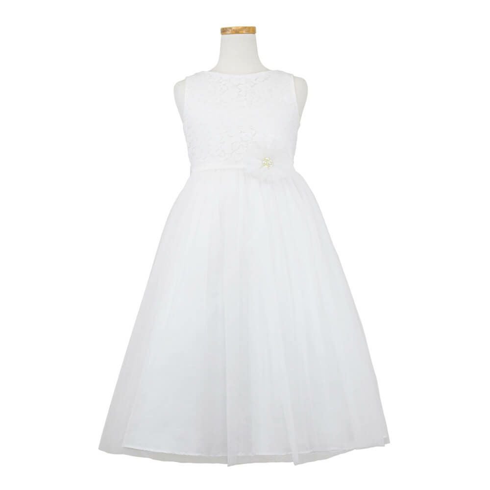 ピアノ発表会や結婚式にぴったりのホワイトカラーの女の子用キッズドレス。シンプルで美しいシルエットが魅力のAngel's Closetの子供ドレス レンタル商品（【レンタル】エレガントレース＆チュール子供ドレス(MBK346)オフホワイト）｜画像2