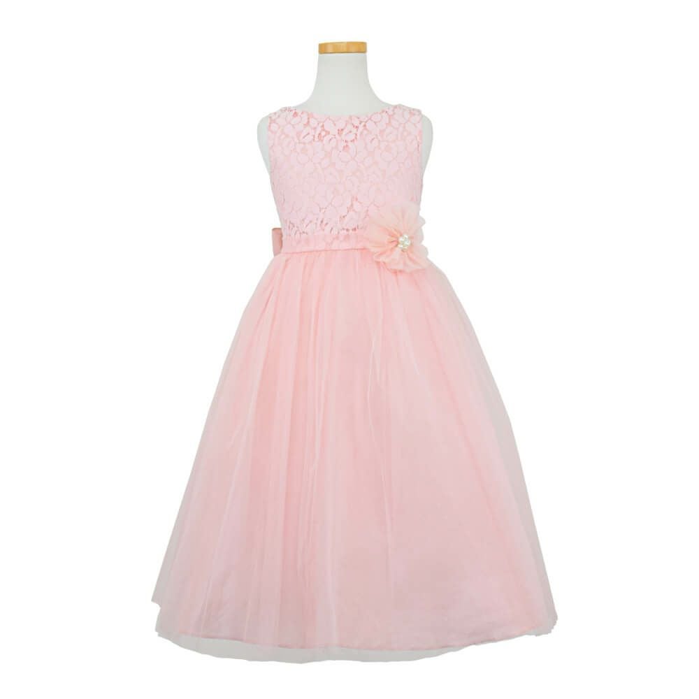 ピアノ発表会や結婚式にぴったりのカラーの女の子用キッズドレス。シンプルで美しいシルエットが魅力のAngel's Closetの子供ドレス レンタル商品（【レンタル】エレガントレース＆チュール子供ドレス(MBK346)ブラッシュ）｜画像2