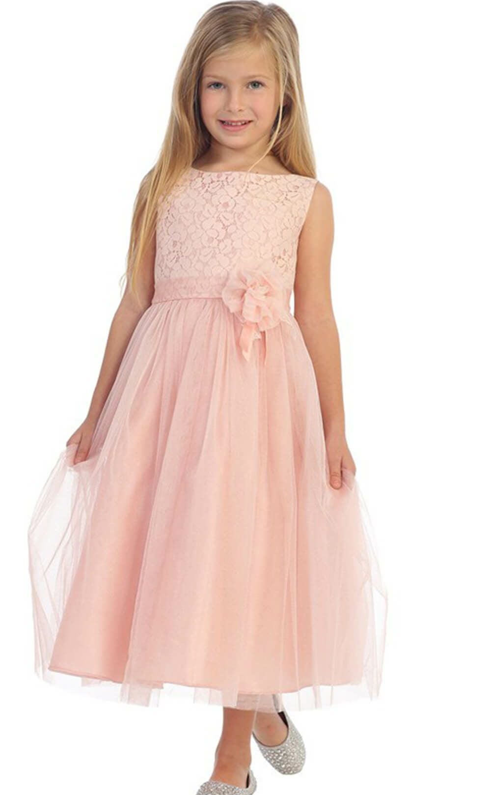 ピアノ発表会や結婚式にぴったりのカラーの女の子用キッズドレス。シンプルで美しいシルエットが魅力のAngel's Closetの子供ドレス レンタル商品（【レンタル】エレガントレース＆チュール子供ドレス(MBK346)ブラッシュ）｜画像12