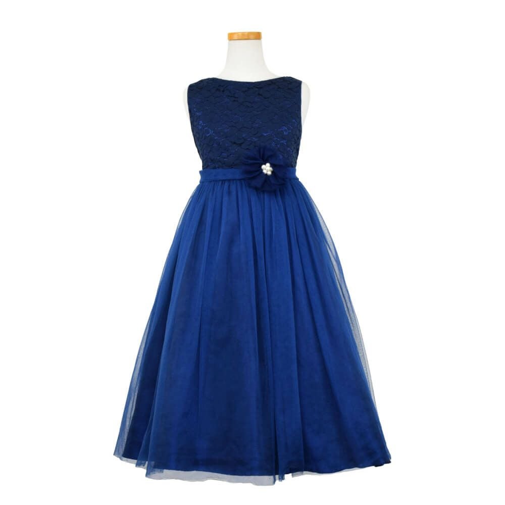 ピアノ発表会や結婚式にぴったりのネイビーカラーの女の子用キッズドレス。シンプルで美しいシルエットが魅力のAngel's Closetの子供ドレス レンタル商品（【レンタル】エレガントレース＆チュール子供ドレス(MBK346)ネイビー）｜画像2