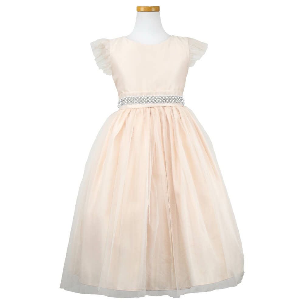 ピアノ発表会や結婚式にぴったりのカラーの女の子用キッズドレス。シンプルで美しいシルエットが魅力のAngel's Closetの子供ドレス レンタル商品（【レンタル】サテン＆チュールフラッタースリーブ子供ドレス(SK611)シャンパン）｜画像2