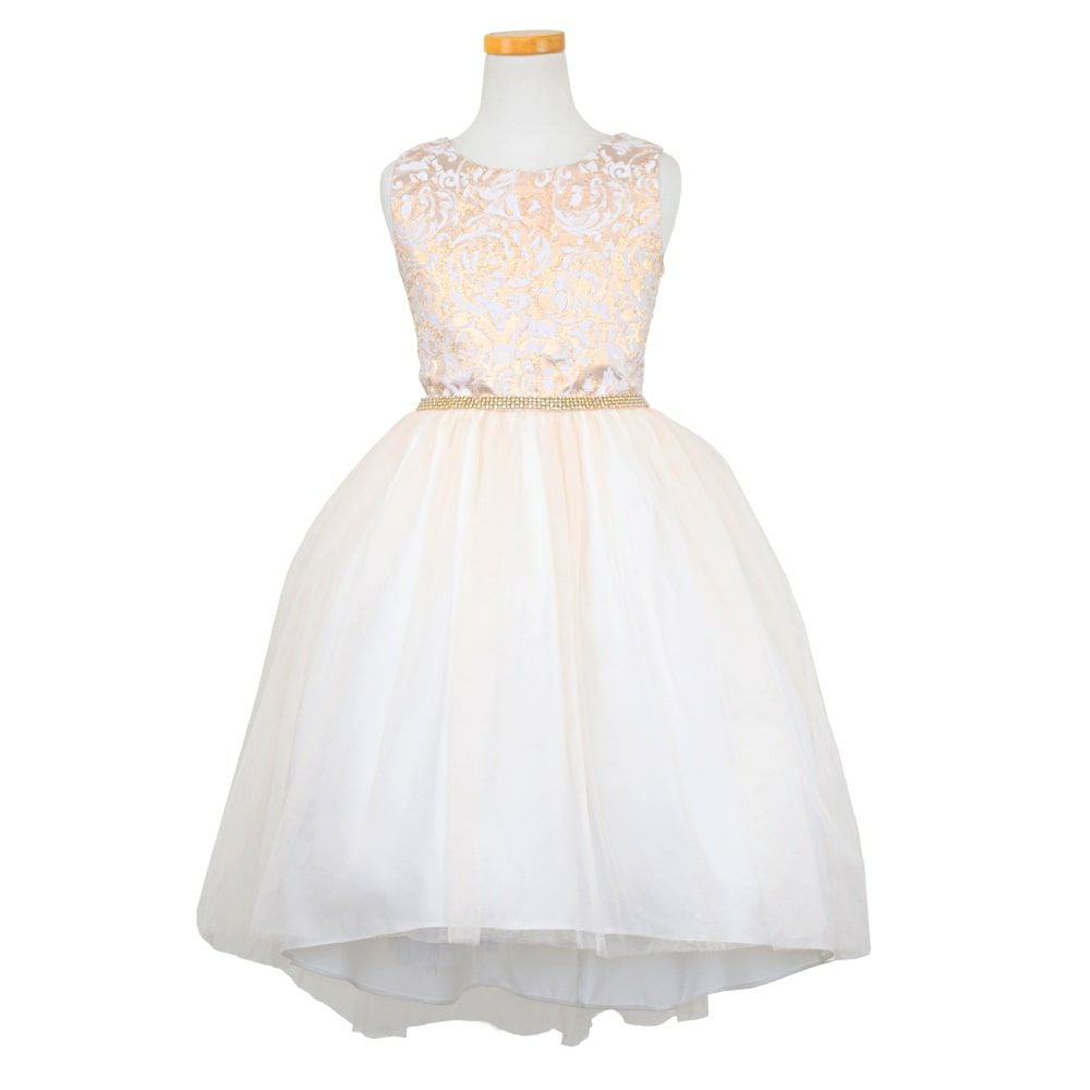 ピアノ発表会や結婚式にぴったりのカラーの女の子用キッズドレス。シンプルで美しいシルエットが魅力のAngel's Closetの子供ドレス レンタル商品（【レンタル】ジャガード＆クリスタルチュールハイ＆ロー子供ドレス(SK805)アイボリー）｜画像2
