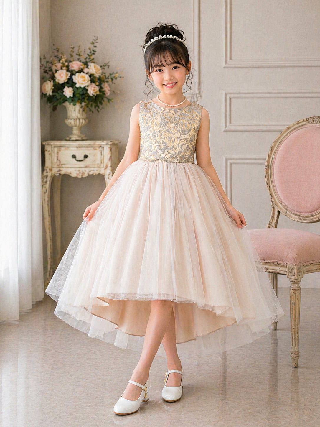 ピアノ発表会ドレス人気5位 子供ドレス ジャガードクリスタル ハイ＆ローチュールドレス SK805 モカ | Angel's Closet