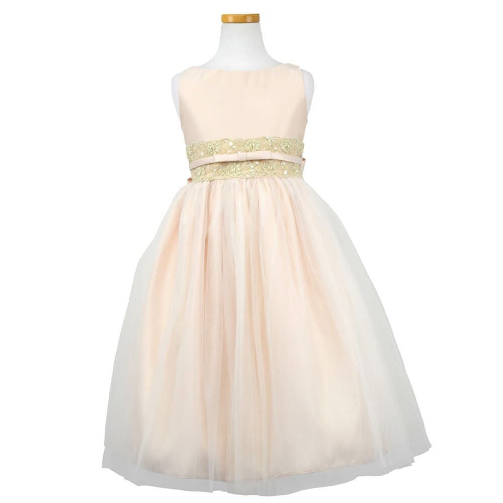 ピアノ発表会や結婚式にぴったりのカラーの女の子用キッズドレス。シンプルで美しいシルエットが魅力のAngel's Closetの子供ドレス レンタル商品（【レンタル】サテンwithメタリックレース子供ドレス(SK473)シャンパン）｜画像2
