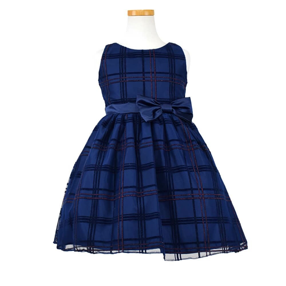 ピアノ発表会や結婚式にぴったりのネイビーカラーの女の子用キッズドレス。シンプルで美しいシルエットが魅力のAngel's Closetの子供ドレス レンタル商品（【レンタル】フロックドグリッター格子柄メッシュ＆サテン子供ドレス(SK714)ネイビー）｜画像2