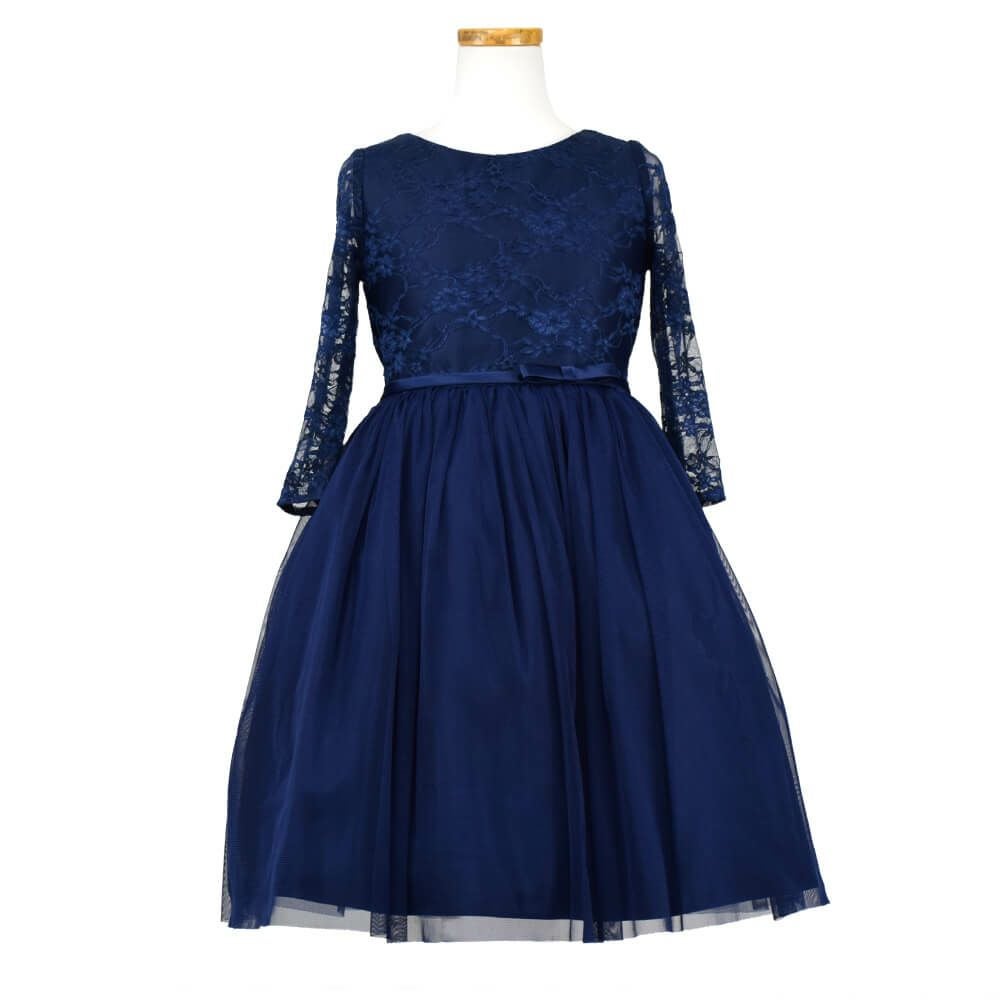 ピアノ発表会や結婚式にぴったりのネイビーカラーの女の子用キッズドレス。シンプルで美しいシルエットが魅力のAngel's Closetの子供ドレス レンタル商品（【レンタル】レーススリーブチュールスカート子供ドレス(SK599)ネイビー）｜画像2