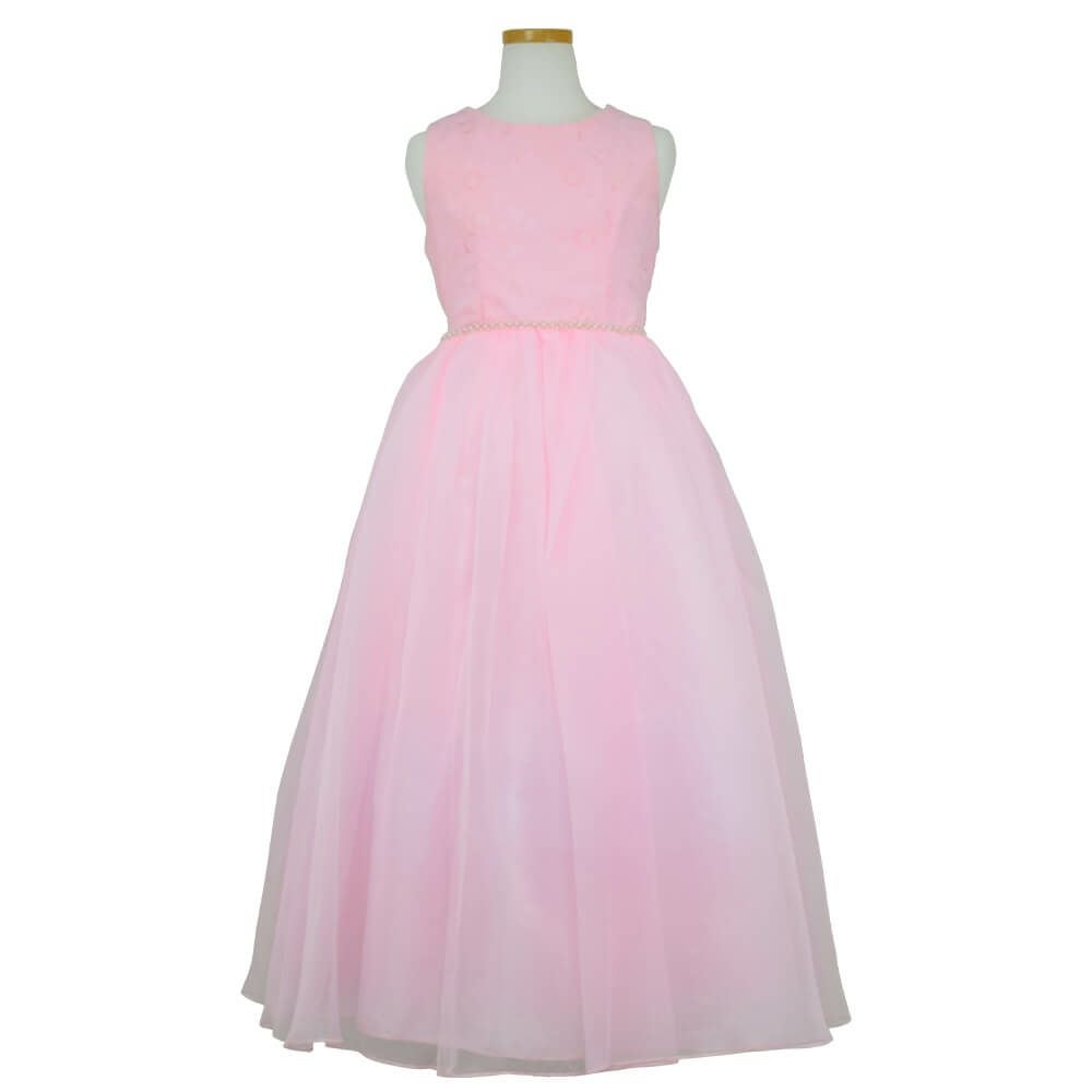 ピアノ発表会や結婚式にぴったりのピンクカラーの女の子用キッズドレス。シンプルで美しいシルエットが魅力のAngel's Closetの子供ドレス レンタル商品（【レンタル】エレガントフラワーパターンレース&オーガンジーロングドレス(JK3580)ピンク）｜画像2