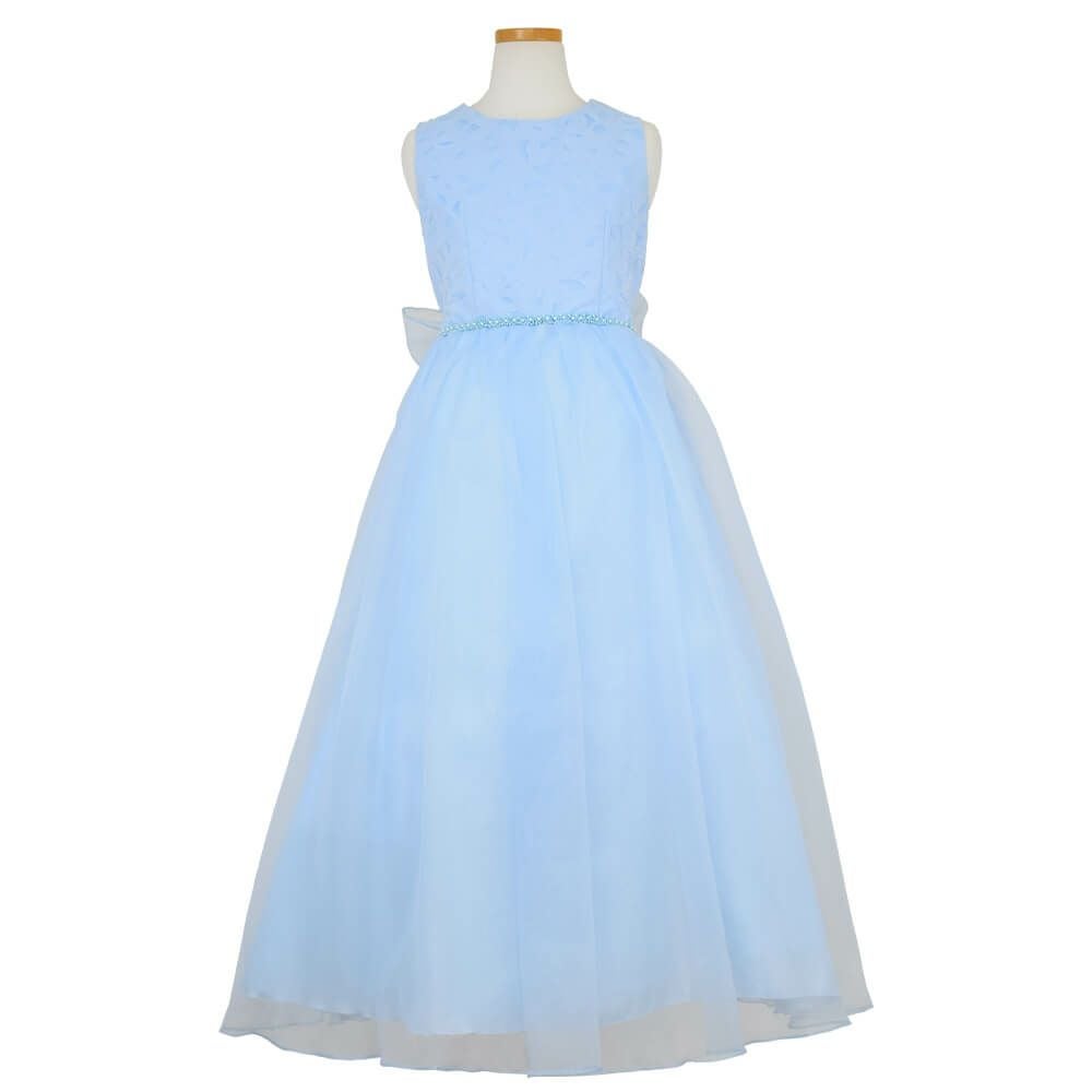 ピアノ発表会や結婚式にぴったりのブルーカラーの女の子用キッズドレス。シンプルで美しいシルエットが魅力のAngel's Closetの子供ドレス レンタル商品（【レンタル】エレガントフラワーパターンレース&オーガンジーロングドレス(JK3580)ブルー）｜画像2