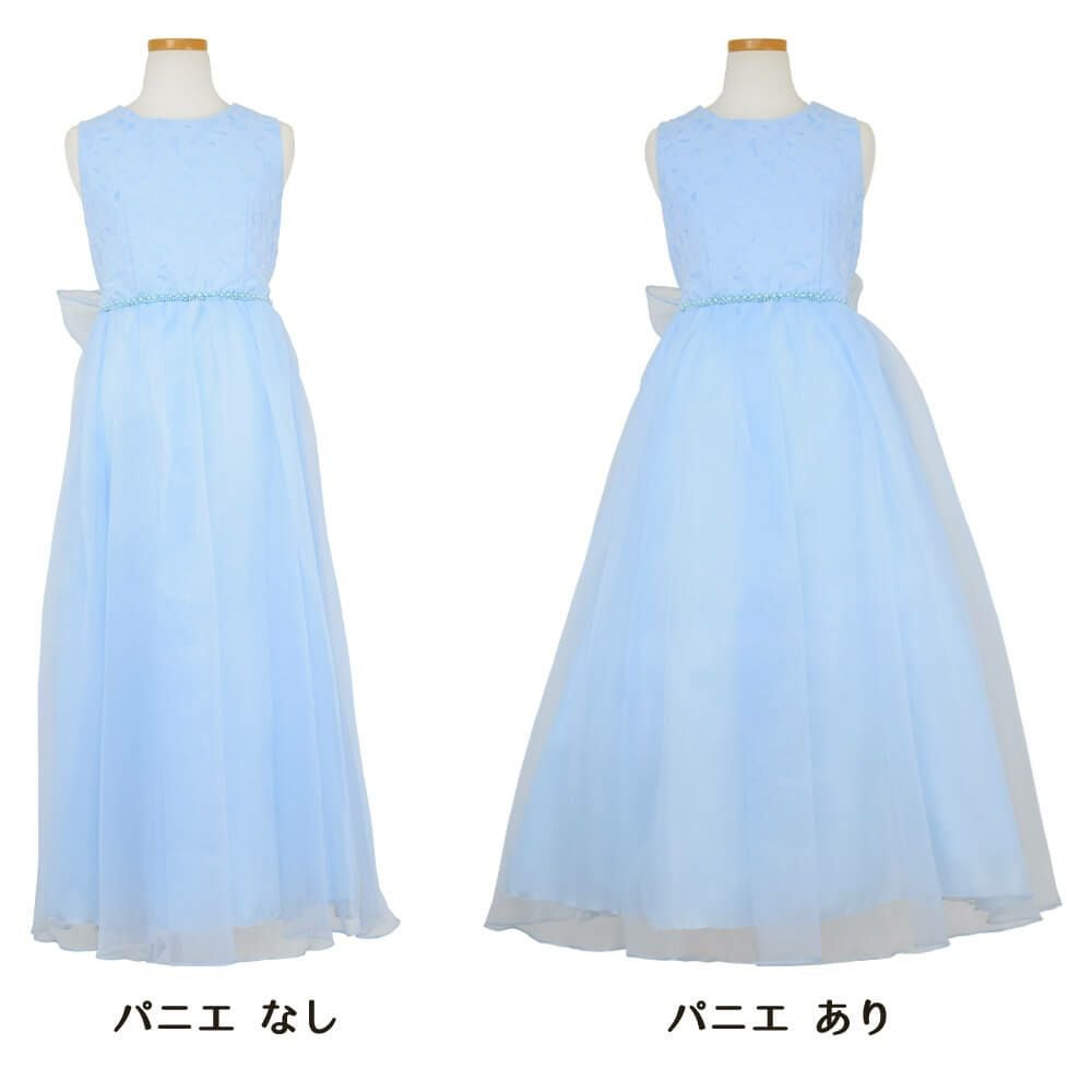 ピアノ発表会や結婚式にぴったりのブルーカラーの女の子用キッズドレス。シンプルで美しいシルエットが魅力のAngel's Closetの子供ドレス レンタル商品（【レンタル】エレガントフラワーパターンレース&オーガンジーロングドレス(JK3580)ブルー）｜画像6