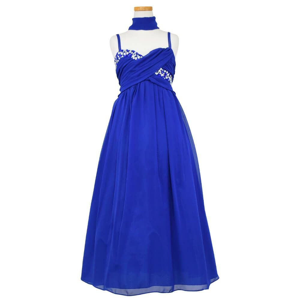 ピアノ発表会や結婚式にぴったりのブルーカラーの女の子用キッズドレス。シンプルで美しいシルエットが魅力のAngel's Closetの子供ドレス レンタル商品（【レンタル】ジュエルストーン＆クリスクロスストラップシフォンドレス(JK3556)ロイヤルブルー）｜画像2