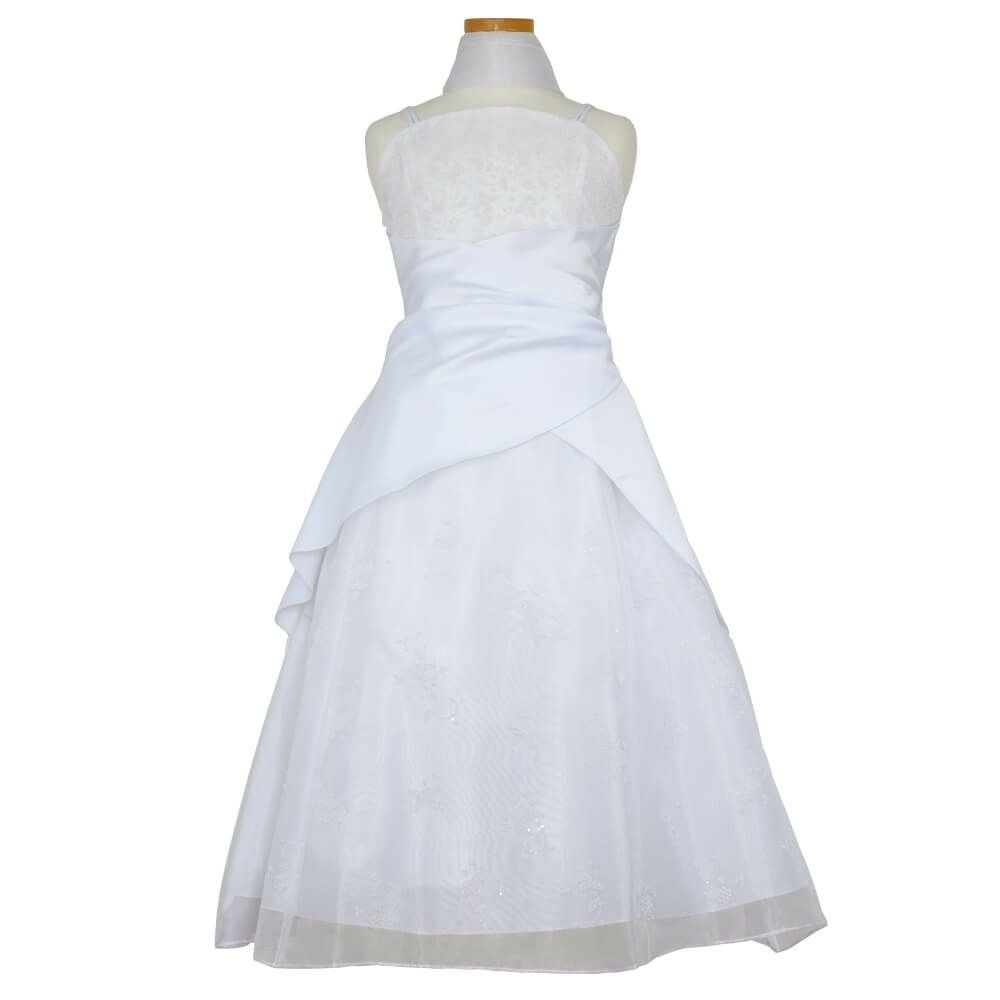 ピアノ発表会や結婚式にぴったりのホワイトカラーの女の子用キッズドレス。シンプルで美しいシルエットが魅力のAngel's Closetの子供ドレス レンタル商品（【レンタル】ギャザーアクロスウェストサテン＆フローラルオーガンジードレス(HC1232)ホワイト）｜画像2