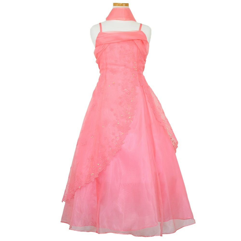 ピアノ発表会や結婚式にぴったりのカラーの女の子用キッズドレス。シンプルで美しいシルエットが魅力のAngel's Closetの子供ドレス レンタル商品（【レンタル】キャビアビーズ＆イリュージョンオーガンジーロングドレス(HC1215)コーラル）｜画像2