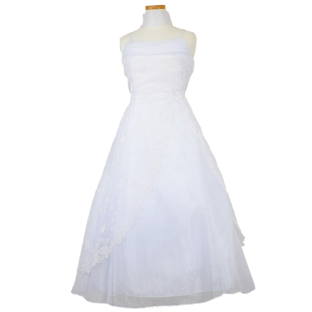 ピアノ発表会や結婚式にぴったりのホワイトカラーの女の子用キッズドレス。シンプルで美しいシルエットが魅力のAngel's Closetの子供ドレス レンタル商品（【レンタル】キャビアビーズ＆イリュージョンオーガンジーロングドレス(HC1215)ホワイト）｜画像2