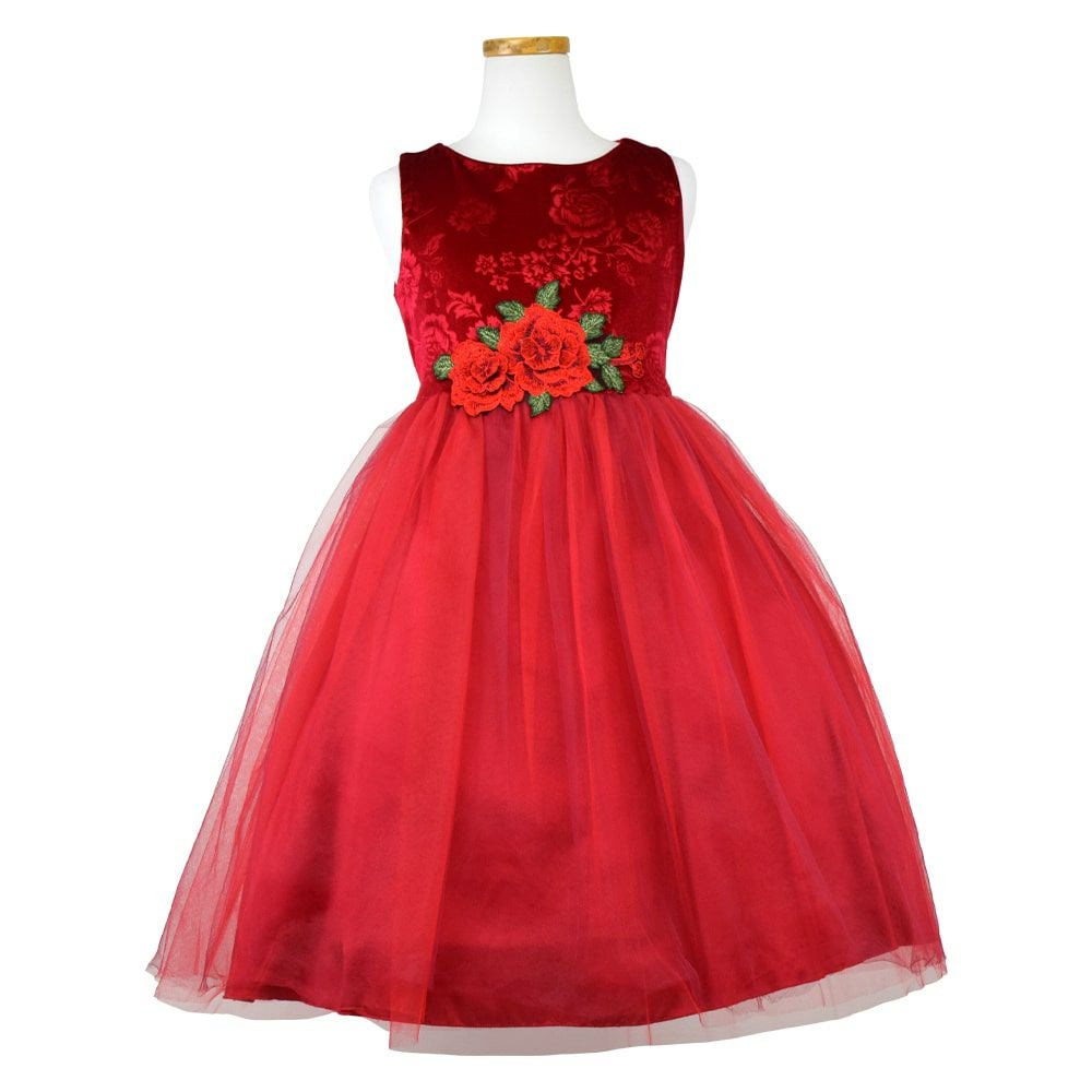 ピアノ発表会や結婚式にぴったりのカラーの女の子用キッズドレス。シンプルで美しいシルエットが魅力のAngel's Closetの子供ドレス レンタル商品（【レンタル】ローズ刺繍エレガントベルベットドレス(KD396)レッド）｜画像2