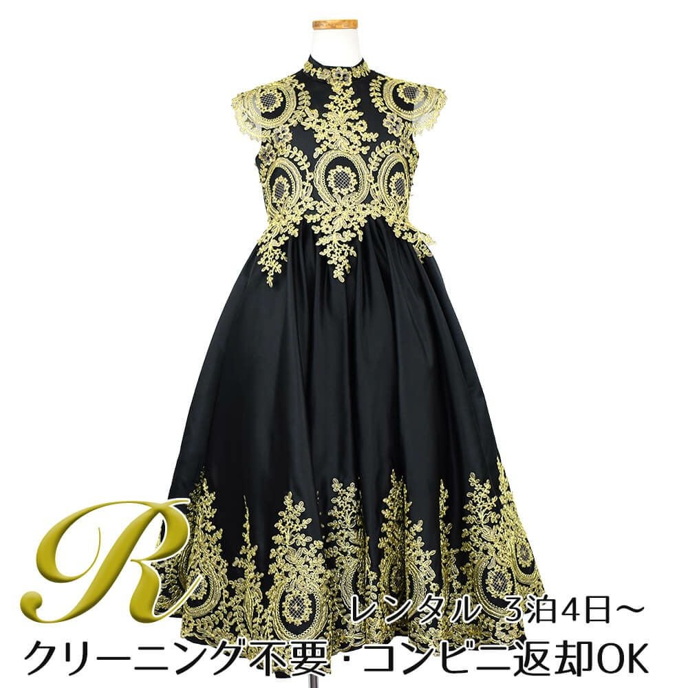 ピアノ発表会や結婚式にぴったりのブラックカラーの女の子用キッズドレス。シンプルで美しいシルエットが魅力のAngel's Closetの子供ドレス レンタル商品（【レンタル】サテン＆ゴールド刺繍ハイネックロング子供ドレス(YP134)ブラック）｜画像1