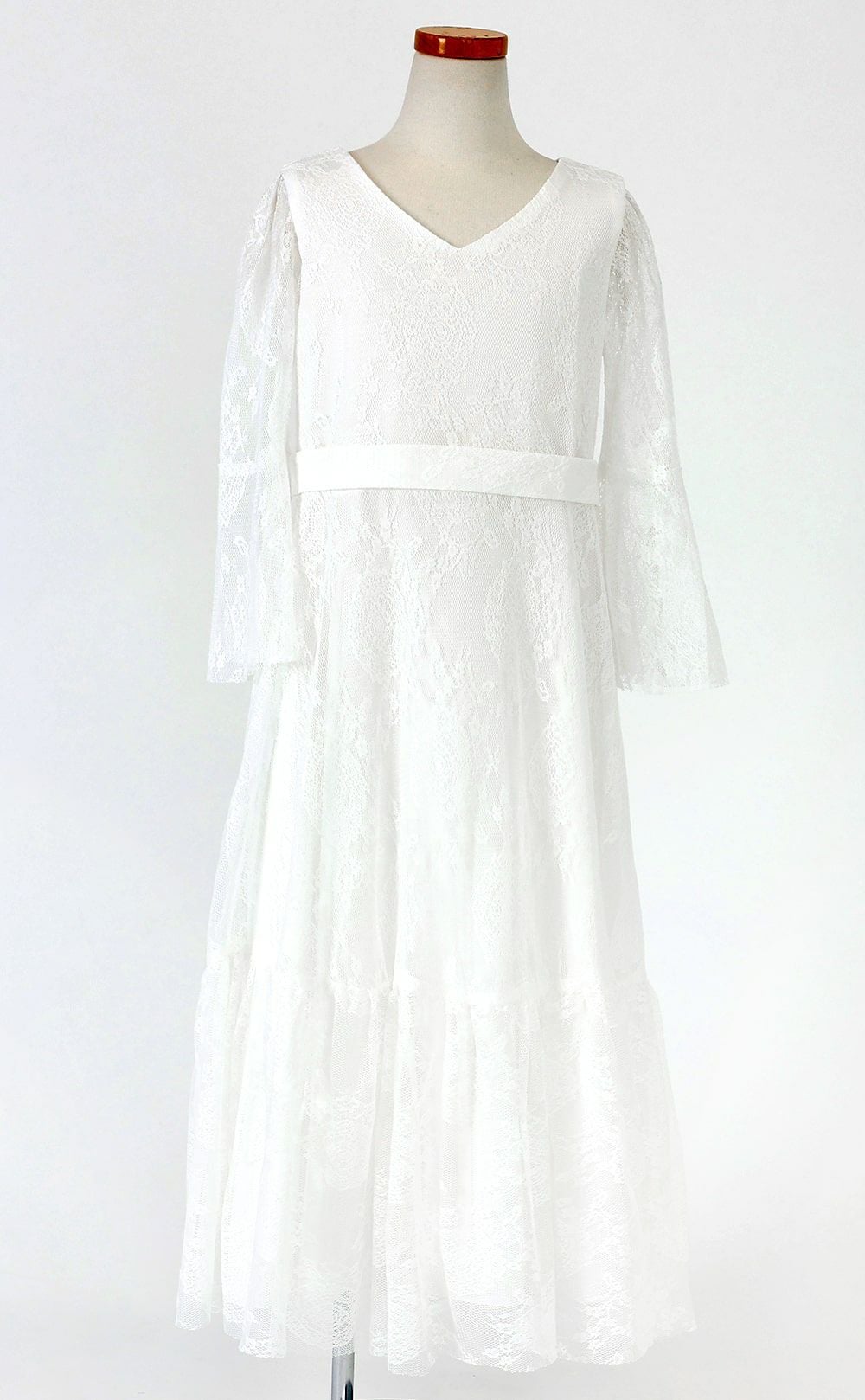 ピアノ発表会や結婚式にぴったりのホワイトカラーの女の子用キッズドレス。シンプルで美しいシルエットが魅力のAngel's Closetの子供ドレス レンタル商品（【レンタル】フラッタースリーブ総レースロングドレス(YP219)ホワイト）｜画像2