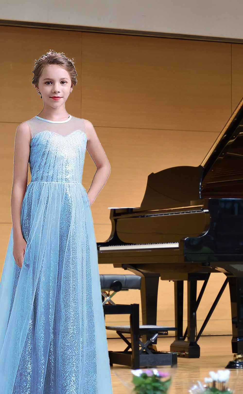 ピアノ発表会や結婚式にぴったりのブルーカラーの女の子用キッズドレス。シンプルで美しいシルエットが魅力のAngel's Closetの子供ドレス レンタル商品（【レンタル】ビスチェ風スパンコール＆チュールロングドレス（YP221） ベビーブルー）｜画像14