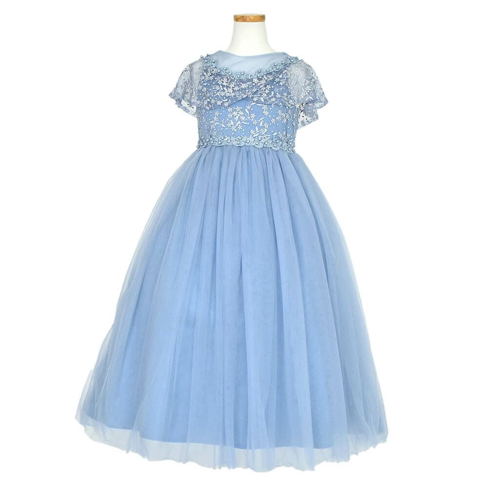 ピアノ発表会や結婚式にぴったりのブルーカラーの女の子用キッズドレス。シンプルで美しいシルエットが魅力のAngel's Closetの子供ドレス レンタル商品（【レンタル】フラワーレースケープ＆チュールドレス（YP222） ブルーグレー）｜画像2