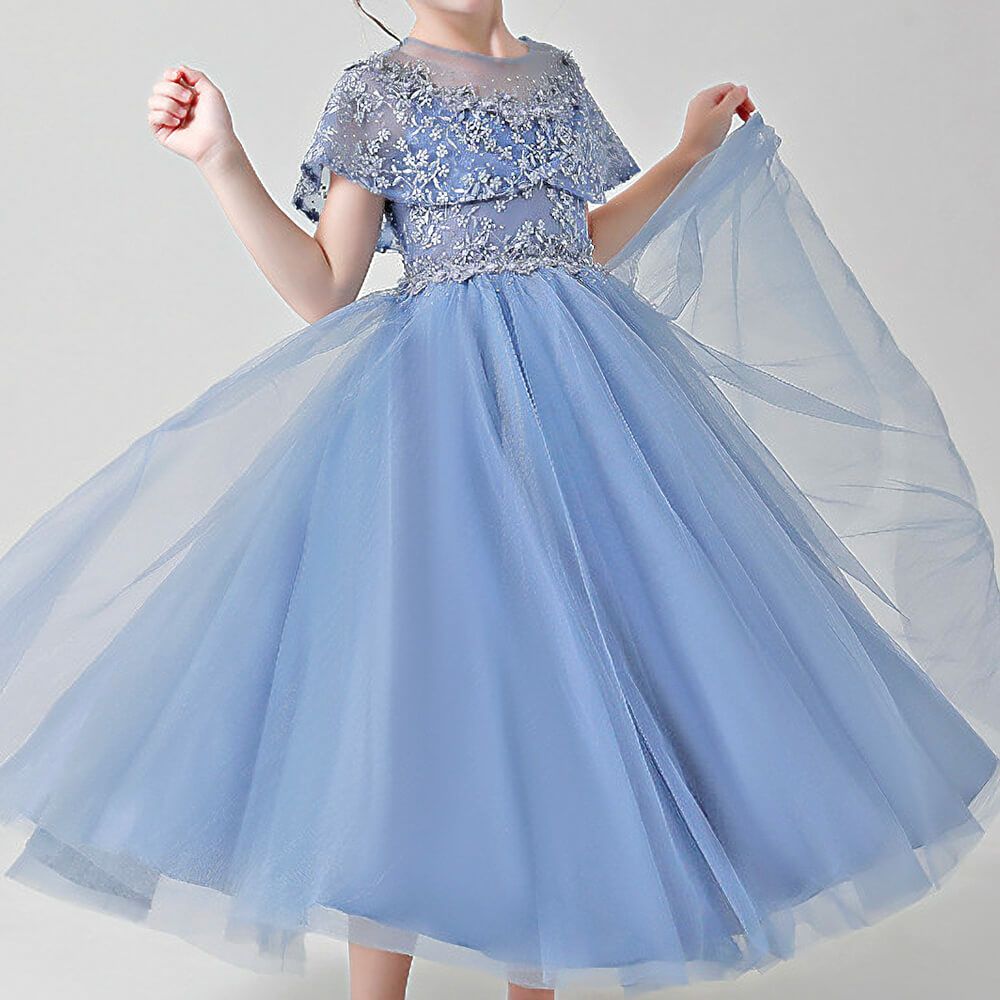 ピアノ発表会や結婚式にぴったりのブルーカラーの女の子用キッズドレス。シンプルで美しいシルエットが魅力のAngel's Closetの子供ドレス レンタル商品（【レンタル】フラワーレースケープ＆チュールドレス（YP222） ブルーグレー）｜画像10