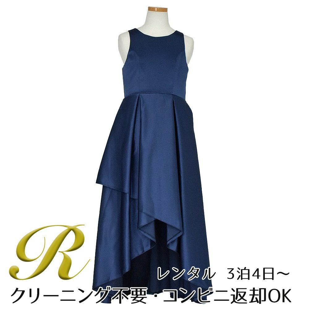 ピアノ発表会や結婚式にぴったりのネイビーカラーの女の子用キッズドレス。シンプルで美しいシルエットが魅力のAngel's Closetの子供ドレス レンタル商品（【レンタル】ハイ＆ローカスケードサテンロングドレス（YP223） ネイビー）｜画像1
