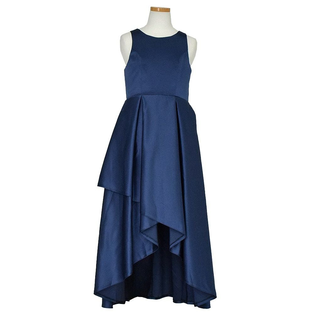 ピアノ発表会や結婚式にぴったりのネイビーカラーの女の子用キッズドレス。シンプルで美しいシルエットが魅力のAngel's Closetの子供ドレス レンタル商品（【レンタル】ハイ＆ローカスケードサテンロングドレス（YP223） ネイビー）｜画像2