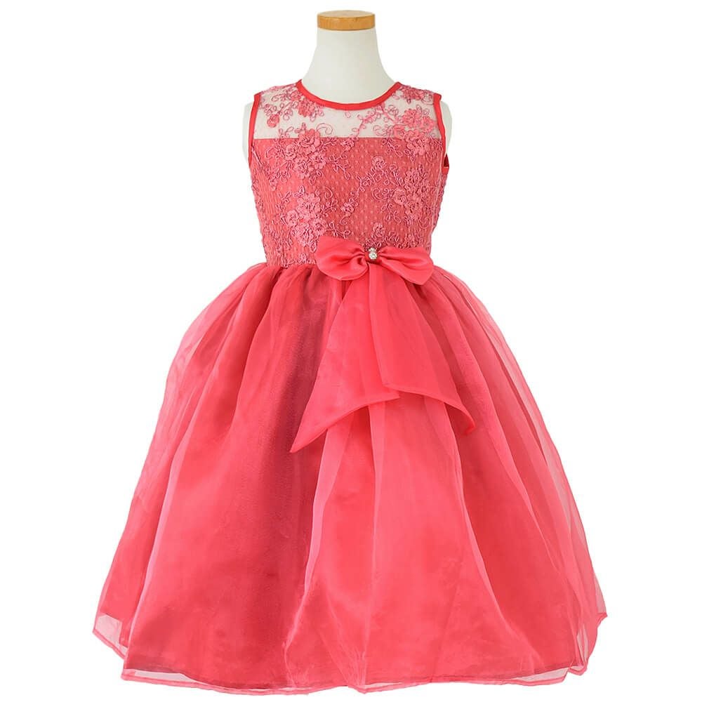 ピアノ発表会や結婚式にぴったりのカラーの女の子用キッズドレス。シンプルで美しいシルエットが魅力のAngel's Closetの子供ドレス レンタル商品（【レンタル】レース＆メタル刺繍オーガンジー子供ドレス（リボンコサージュ付）(CC2461)コーラル｜画像2