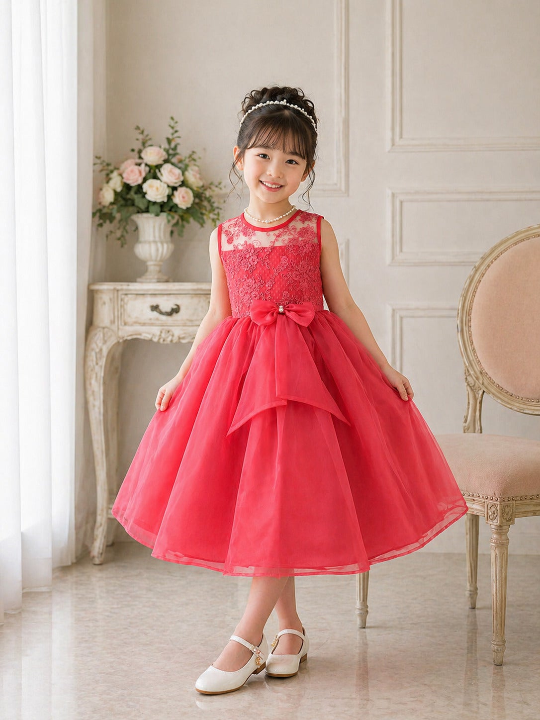 ピアノ発表会ドレス人気3位 子供ドレス メタル刺繍オーガンジー リボンコサージュ付ドレス CC2461 コーラル | Angel's Closet