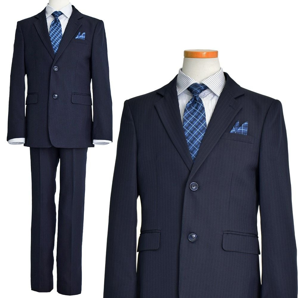 特別な日にぴったりのネイビーカラーの男の子用フォーマルスーツ。シンプルで美しいシルエットが魅力のAngel's Closetの子供フォーマル レンタル商品（【レンタル】ストライプシャツ2つボタンベーシックスーツ4点セット(CAT555610) ネイビー）｜画像2