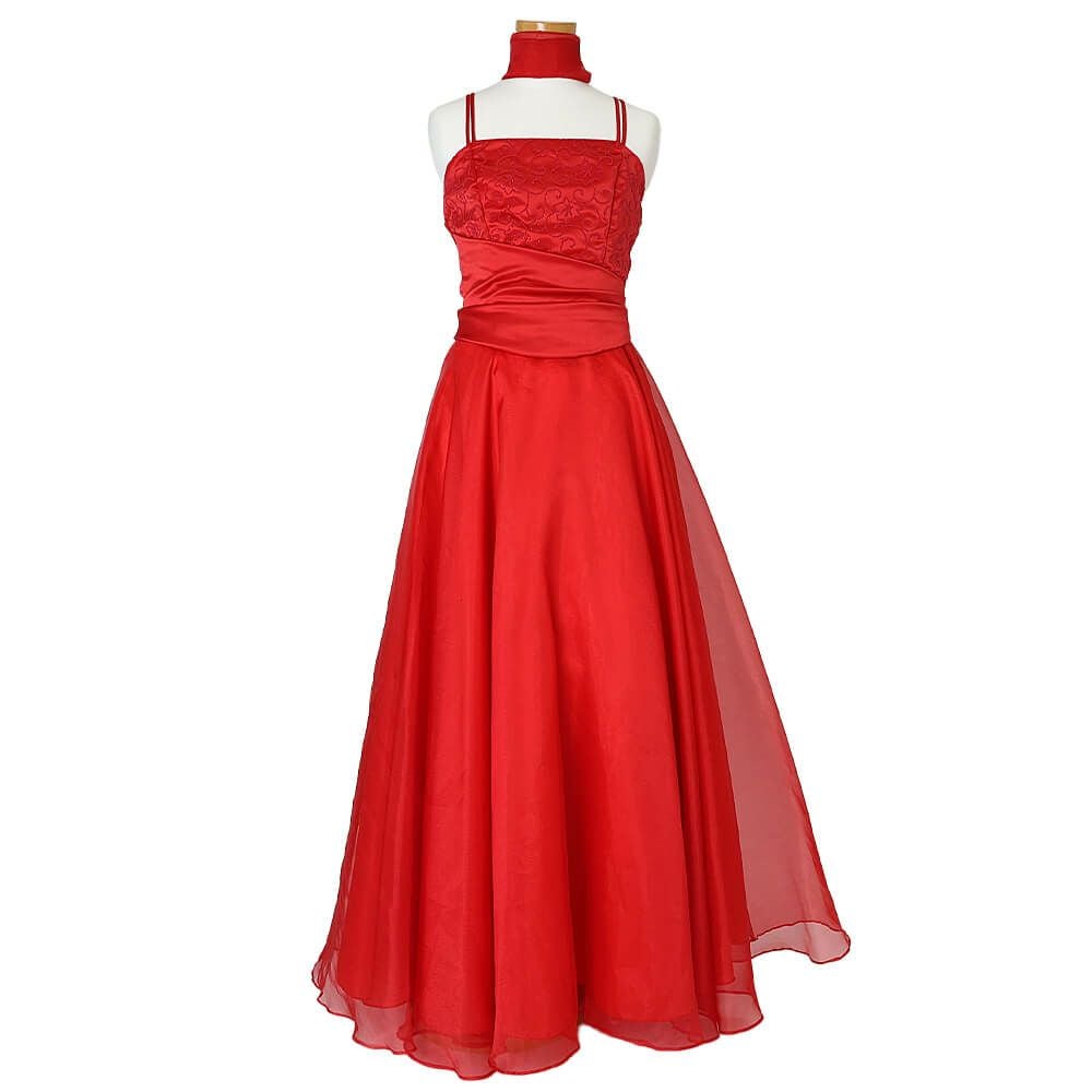 ピアノ発表会や結婚式にぴったりのカラーの女の子用キッズドレス。シンプルで美しいシルエットが魅力のAngel's Closetの子供ドレス レンタル商品（【レンタル】キャビアビーズ＆ダイアゴナルボディオーガンジースカートドレス（HC1568）レッド）｜画像2