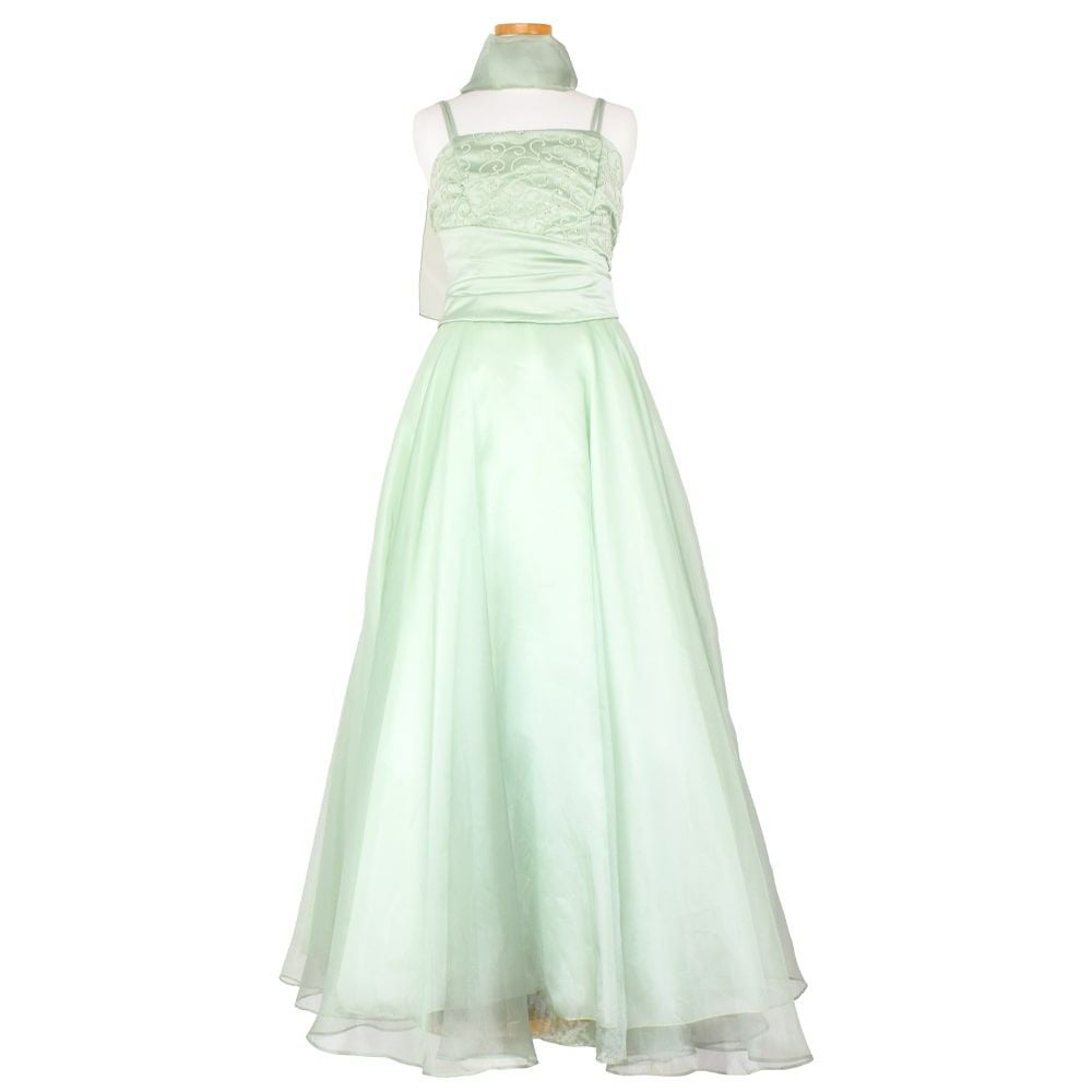 ピアノ発表会や結婚式にぴったりのカラーの女の子用キッズドレス。シンプルで美しいシルエットが魅力のAngel's Closetの子供ドレス レンタル商品（【レンタル】キャビアビーズ＆ダイアゴナルボディオーガンジースカートドレス（HC1568）セージ）｜画像2