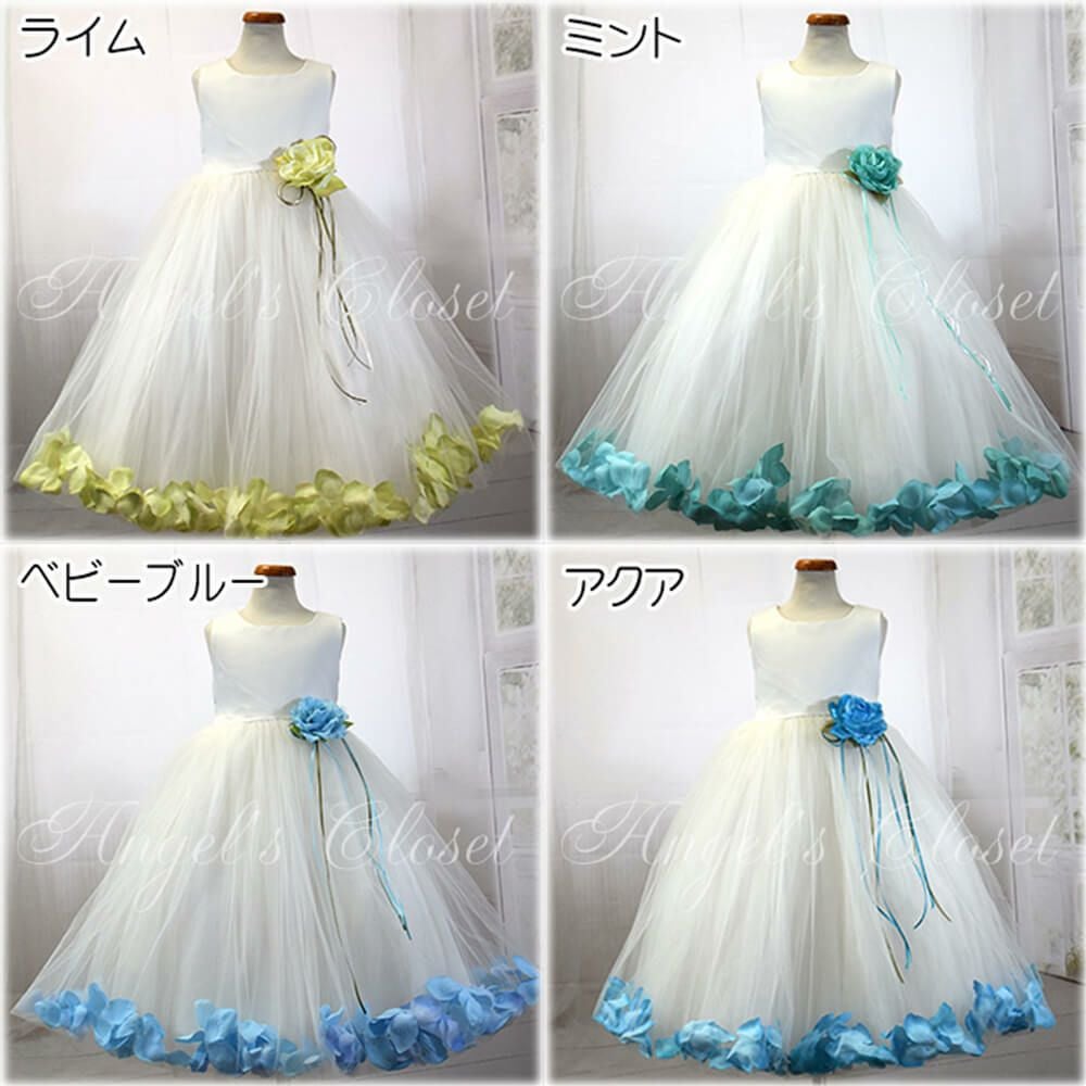 ピアノ発表会や結婚式にぴったりのカラーの女の子用キッズドレス。シンプルで美しいシルエットが魅力のAngel's Closetの子供ドレス レンタル商品（【レンタル】サテン＆チュールフラワーペタルドレス（KD160B）アイボリー）｜画像16