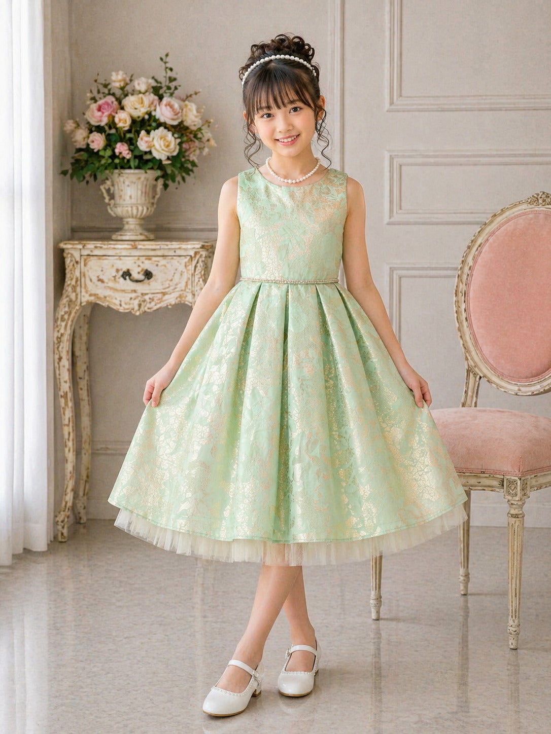 ピアノ発表会ドレス人気4位 子供ドレス ゴールドジャガード フローラルワンピース SK933 セージグリーン | Angel's Closet